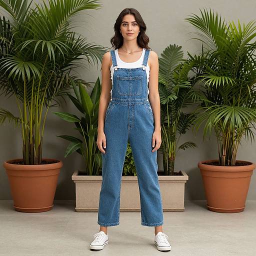 Photograph of a young woman with long dark hair, wearing blue denim overalls, white tank top, and white sneakers, standing in front of large
