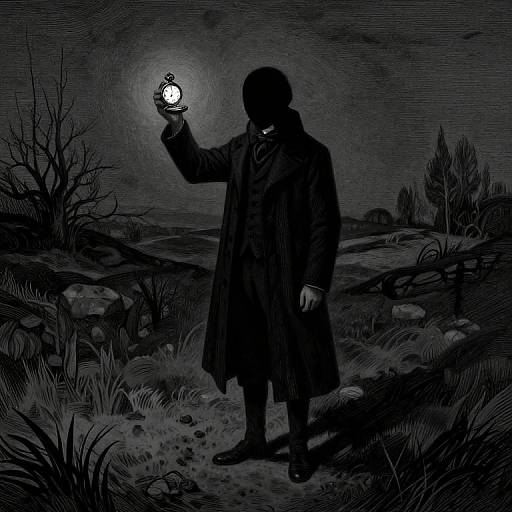 Digital drawing of a shadowy figure in a long coat holding a glowing orb under a dark, moonlit, eerie landscape.