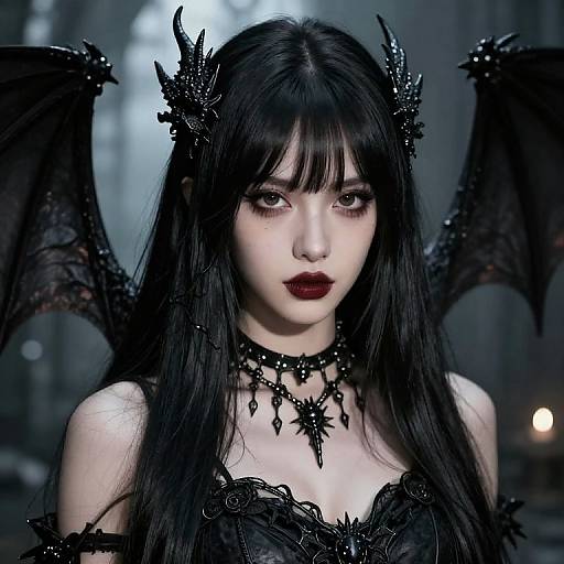Digital artwork of a pale-skinned, dark-haired gothic vampire woman with black bat wings, black lace dress, ornate choker, and dark