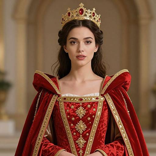 Photograph of a young woman with long dark hair, wearing a gold crown, and a red velvet gown with gold embroidery and trim, standing in a
