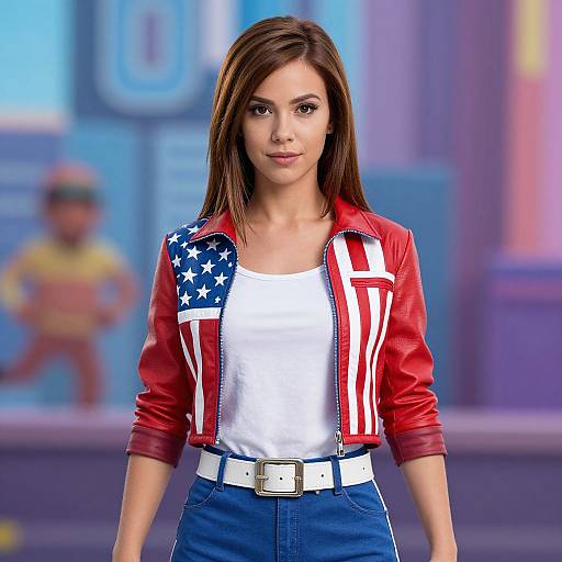 Photograph of a young woman with brown hair, wearing a red jacket with American flag design, white shirt, blue jeans, and white belt, standing