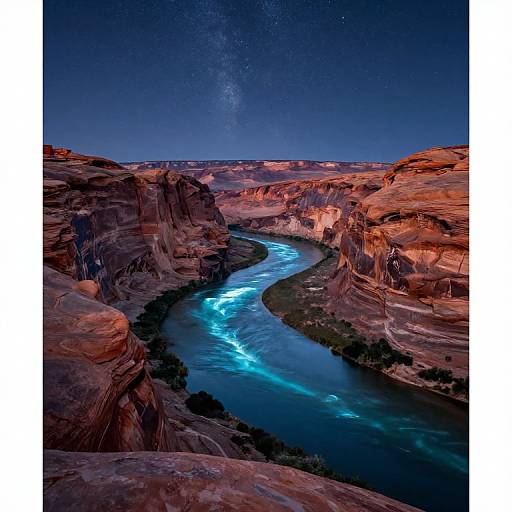 Photograph of a glowing blue river winding through a dramatic red rock canyon under a starry night sky, with the Milky Way visible.
