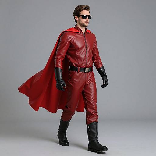 Photograph of a handsome man in a red leather superhero costume with black gloves, boots, and cape, wearing sunglasses, walking confidently.