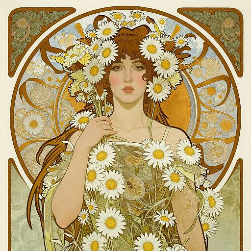 Artistic digital drawing of a fair-skinned, red-haired woman crowned with white daisies, holding a bouquet, against an ornate, circular