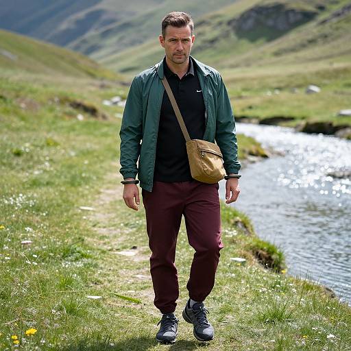 Photograph of a man with short brown hair, green jacket, black shirt, maroon pants, beige shoulder bag, walking on a grassy river