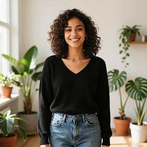Young Woman Smiling in Cozy Plant-Filled Room