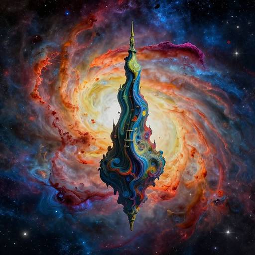 Digital artwork of a colorful, swirling nebula with a central, ornate, spire-like structure glowing in vibrant blues, greens, and reds