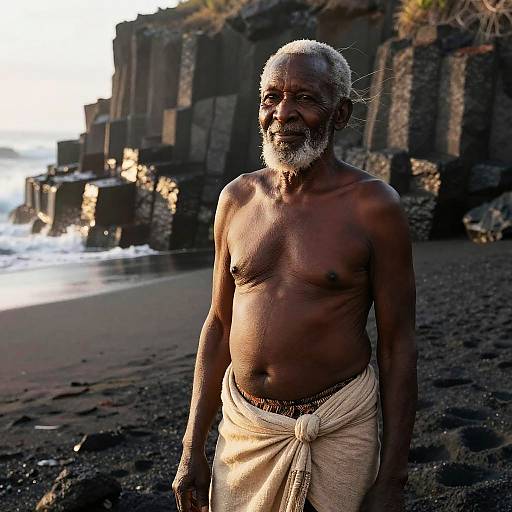Elderly East African Man on Black Sand Beach
