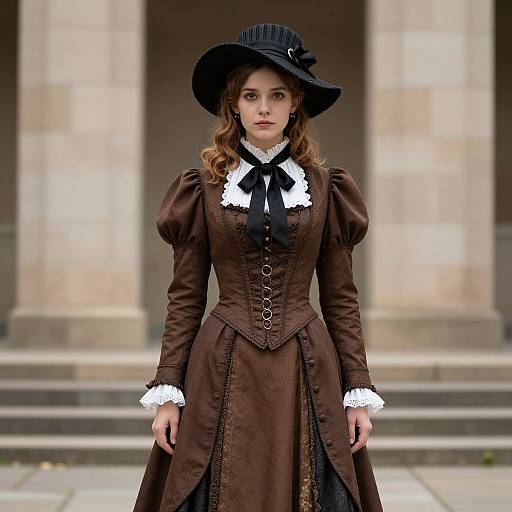 Photograph of a young woman with wavy brown hair, wearing a Victorian-style brown dress with white lace, black ribbon, and a black hat,
