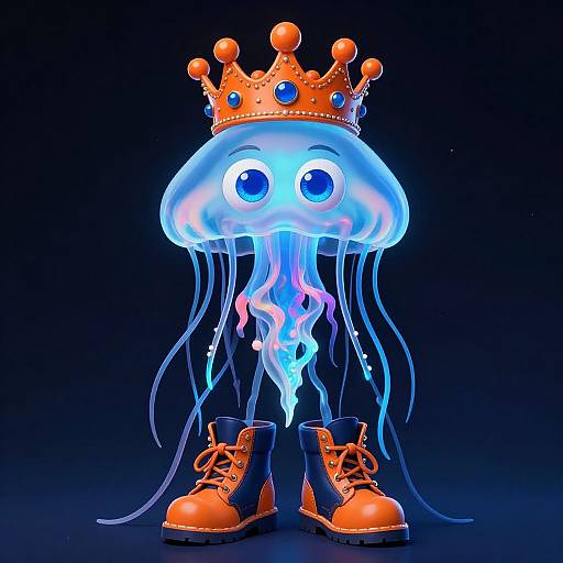 Glowing jellyfish with large blue eyes, orange crown, and orange boots, set against a dark blue background. Neon, whimsical, digital