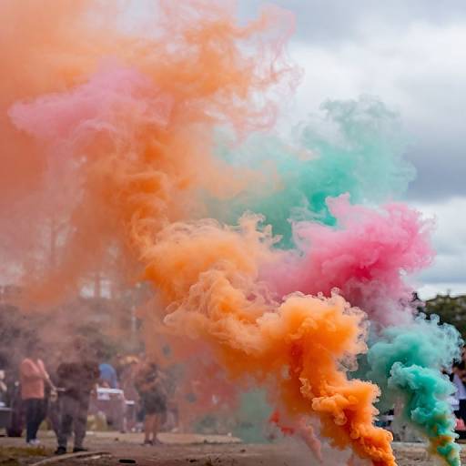 Photograph of vibrant orange, pink, and turquoise smoke clouds billowing in the air, with blurred people in the background.