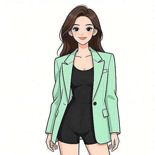 Digital anime-style drawing of a smiling woman with long brown hair, wearing a light green blazer over a black tank top and shorts, standing against a