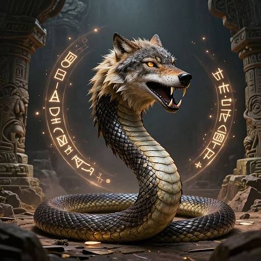 Digital art of a serpentine wolf with sharp teeth, glowing eyes, and illuminated runes encircling it, set against ancient stone pillars.