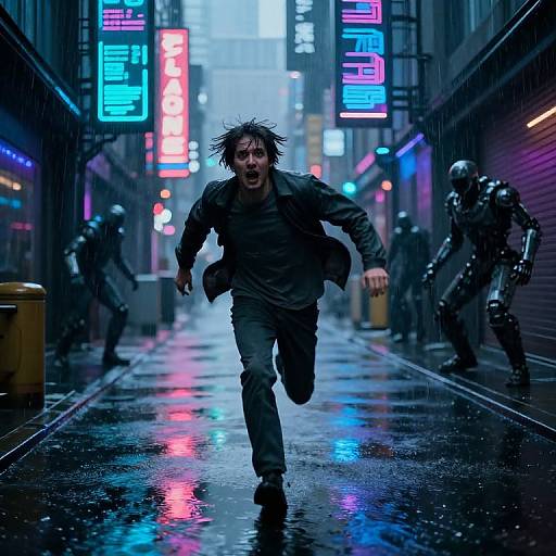 Cyberpunk night alley chase: a disheveled man runs from neon-lit, rain-soaked pursuers, illuminated by vibrant blue and pink
