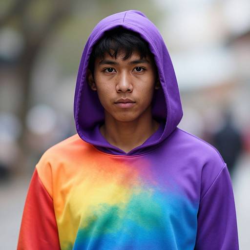 Photograph of a young Asian man with short black hair, wearing a purple hood and rainbow tie-dye hoodie, standing in a blurred urban background.