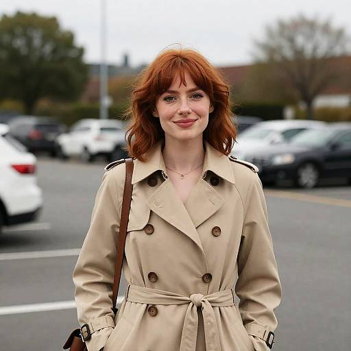 Smiling Red-Haired Woman in Trench Coat