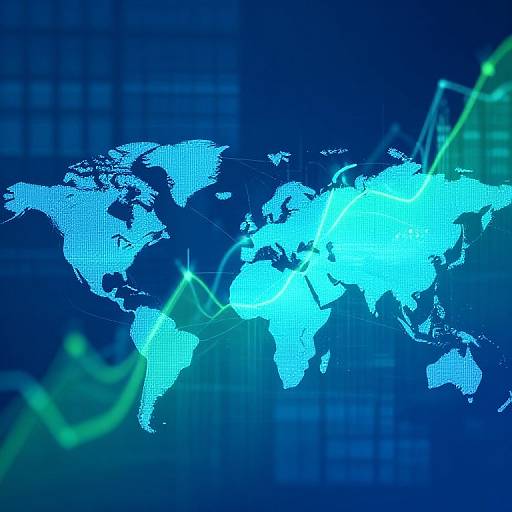 Digital map of the world in glowing blue with neon green lines and grid background, showcasing a futuristic, tech-inspired design.