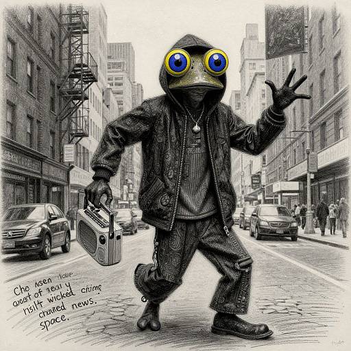 Photograph of a person in a frog mask with large blue eyes, wearing a black pinstripe suit, holding a briefcase, waving on a