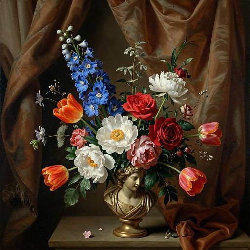 Photorealistic still life: vibrant bouquet in gold vase with blue, white, red flowers, orange tulips, against dark brown draped fabric.