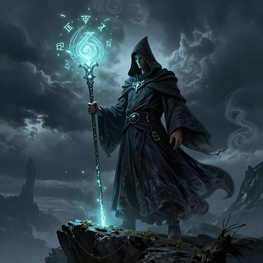 Mysterious hooded wizard with glowing blue staff stands on rocky cliff under stormy, dark blue sky in digital fantasy artwork.