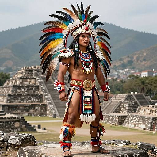Photograph of a muscular Native American man in vibrant, colorful traditional feather headdress and loincloth, standing in a ruins-filled, mountainous landscape