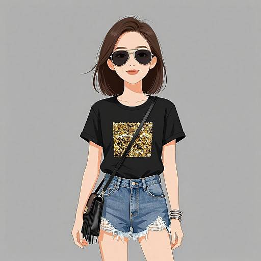 Digital illustration of a young woman with straight brown hair, black sunglasses, black T-shirt with gold pattern, frayed denim shorts, black fringe purse,