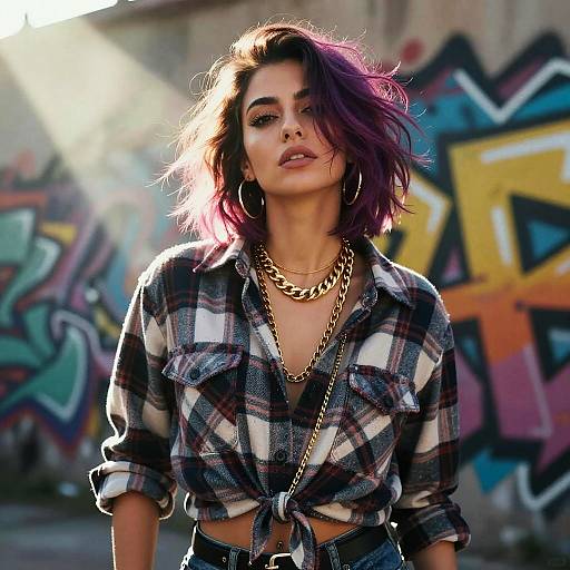 Photograph of a confident woman with purple hair, wearing a tied plaid shirt, gold chain necklace, and hoop earrings, standing in front of colorful