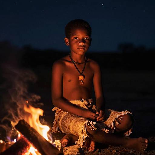 Kid by Campfire in Loincloth