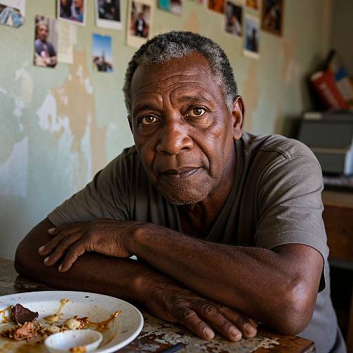 Photograph of an older African man with short gray hair, medium-dark skin, wearing a gray t-shirt, sitting at a table with a plate of