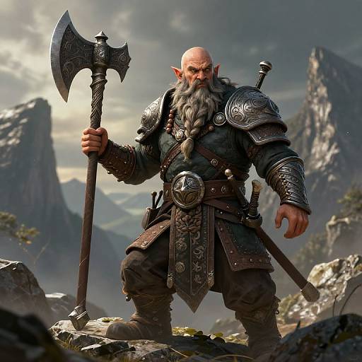 Digital art of a bald, bearded, muscular orc warrior with pointed ears, holding an ornate axe, wearing dark armor, standing in a rocky