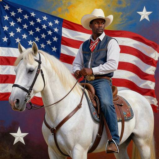 Photograph of a Black cowboy in a white hat and vest, riding a white horse, with an American flag and stars behind him.