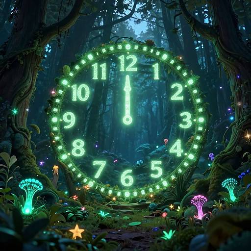 Fantasy forest scene with glowing neon clock showing 11:10, surrounded by bioluminescent mushrooms, stars, and vibrant green foliage.