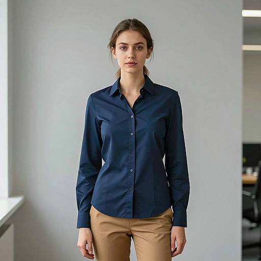 Professional Woman in Navy Shirt and Tan Pants