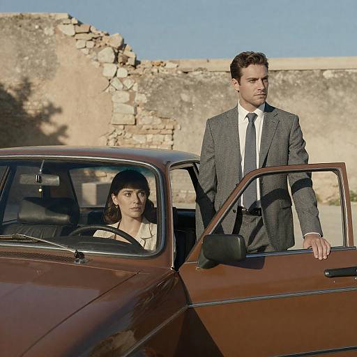 Man in Gray Suit Beside Vintage Sedan