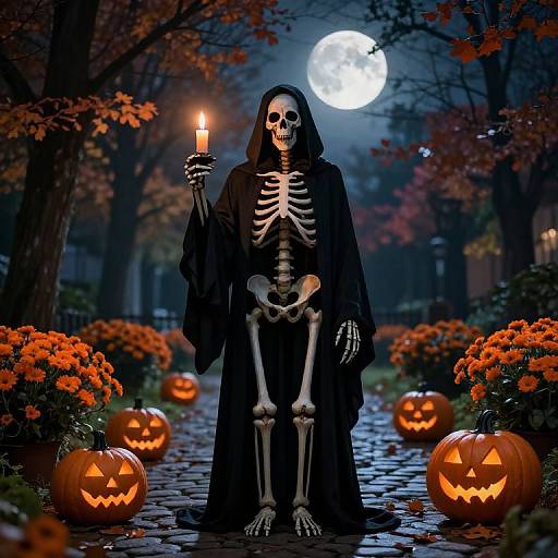Photograph-style digital art of a skeleton in a black hooded cloak holding a lit candle, standing among carved pumpkins and orange flowers under a full