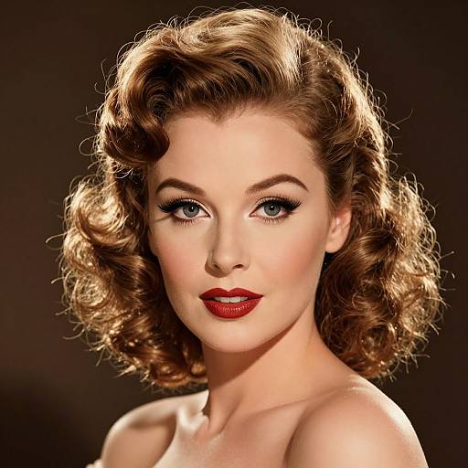 Photograph of a fair-skinned woman with vintage-style, curled blonde hair, bold red lipstick, and dramatic black eyeliner, set against a dark
