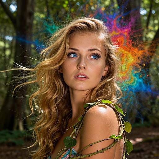 Photograph of a blonde woman with blue eyes, wavy hair, surrounded by colorful abstract splashes, wearing a leafy dress, in a sun