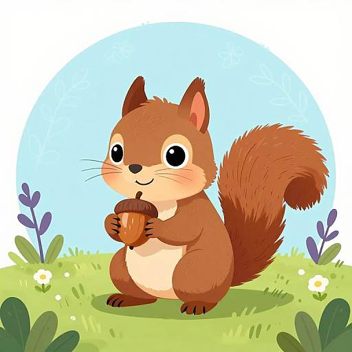 Cute, digital cartoon squirrel with large eyes, holding an acorn, standing on green grass with flowers and blue sky background.