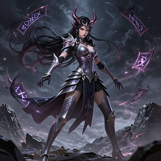 Digital artwork of a dark-haired demon queen with red horns, armored in black and purple, wielding glowing purple magical symbols. Stormy background with rocky terrain