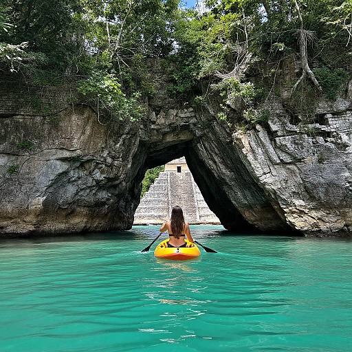 Woman Kayaking Through Turquoise Cenote