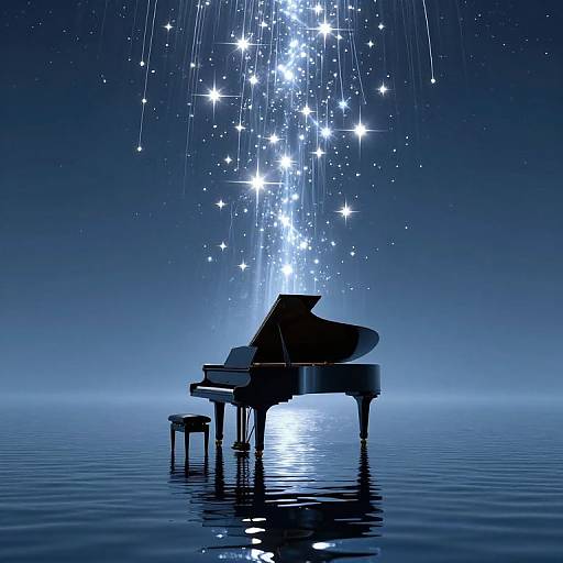 Digital artwork of a grand piano silhouetted on calm water, with sparkling stars descending from the dark blue sky above.