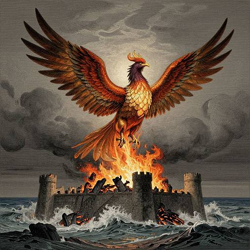 Digital illustration of a fiery phoenix with outstretched wings rising from a burning castle in stormy ocean waves. Dark clouds loom overhead.