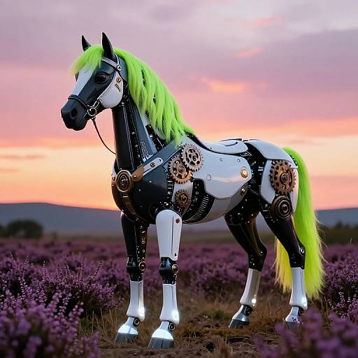 Photograph of a futuristic, cybernetic horse with neon green mane and tail, black and white mechanical body, standing in a purple heather field