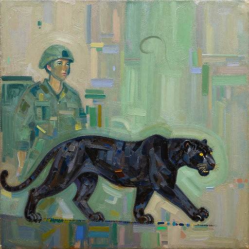 Oil painting of a soldier in green uniform and helmet standing beside a black panther walking in a futuristic, abstract green-hued background.