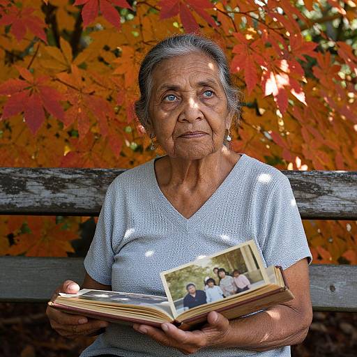 Photograph of an elderly woman with gray hair, wearing a light blue V-neck shirt, sitting on a wooden bench, reading an open book with a