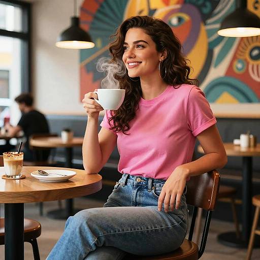 Photograph of a smiling woman with long, wavy brown hair, wearing a pink t-shirt and blue jeans, sipping a steaming white coffee
