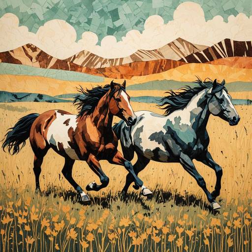 Lithographic Art of Galloping Mustangs in Meadow