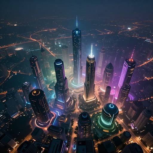 Aerial photograph of a vibrant, neon-lit cityscape at night, featuring towering skyscrapers with colorful LED lights and busy, winding streets.