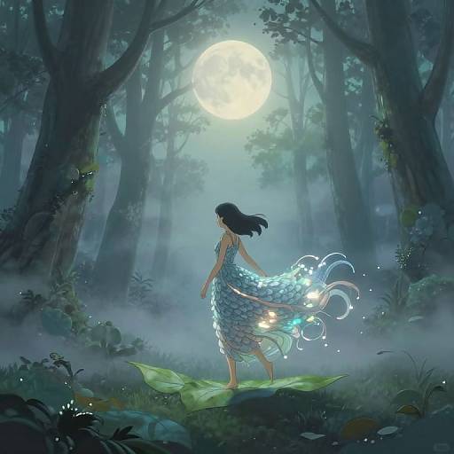 Digital fantasy artwork: A mermaid girl with long black hair stands on a mossy rock under a glowing full moon in a misty, enchanted forest