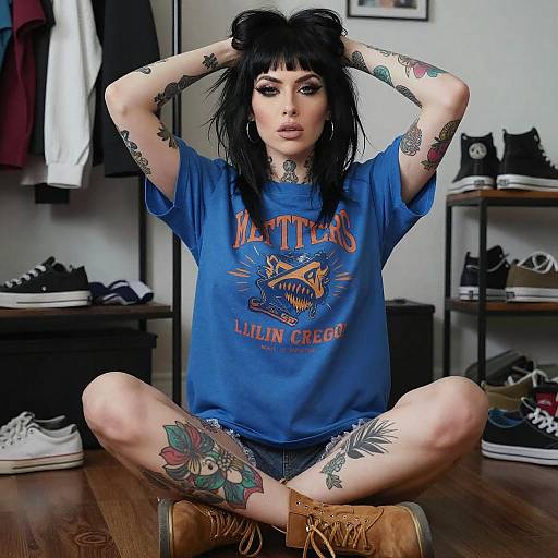 Tattooed Woman in Cluttered Room